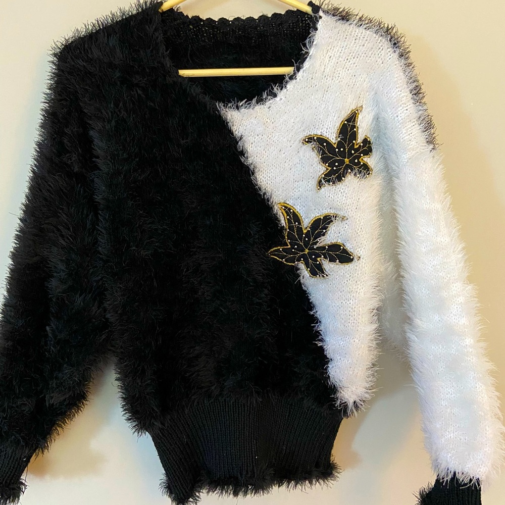 Vintage Paris fuzzy black and white sweater with gold flowers.